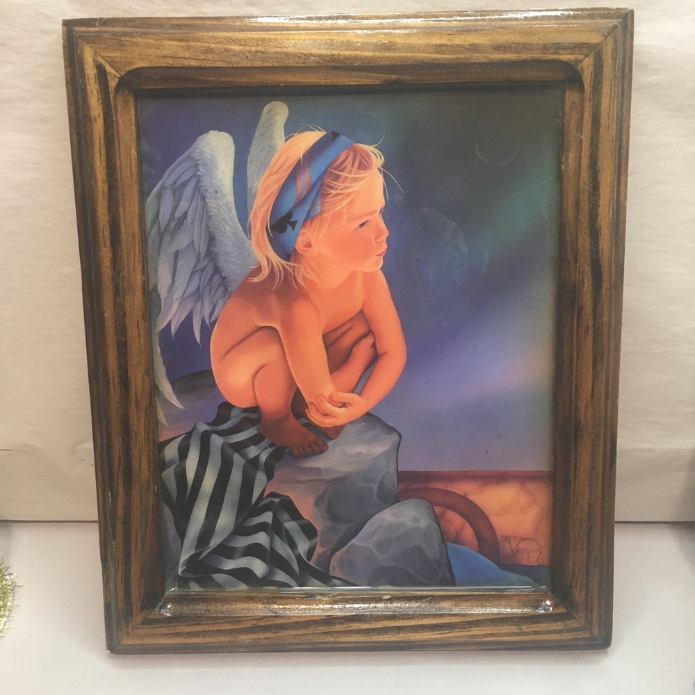 Vintage Guardian Angel Shellac Tami Vaughn Print Wood Framed Wall Art